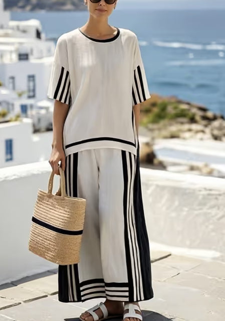 Women'S Loose Slit Contrast Striped Pants Set
