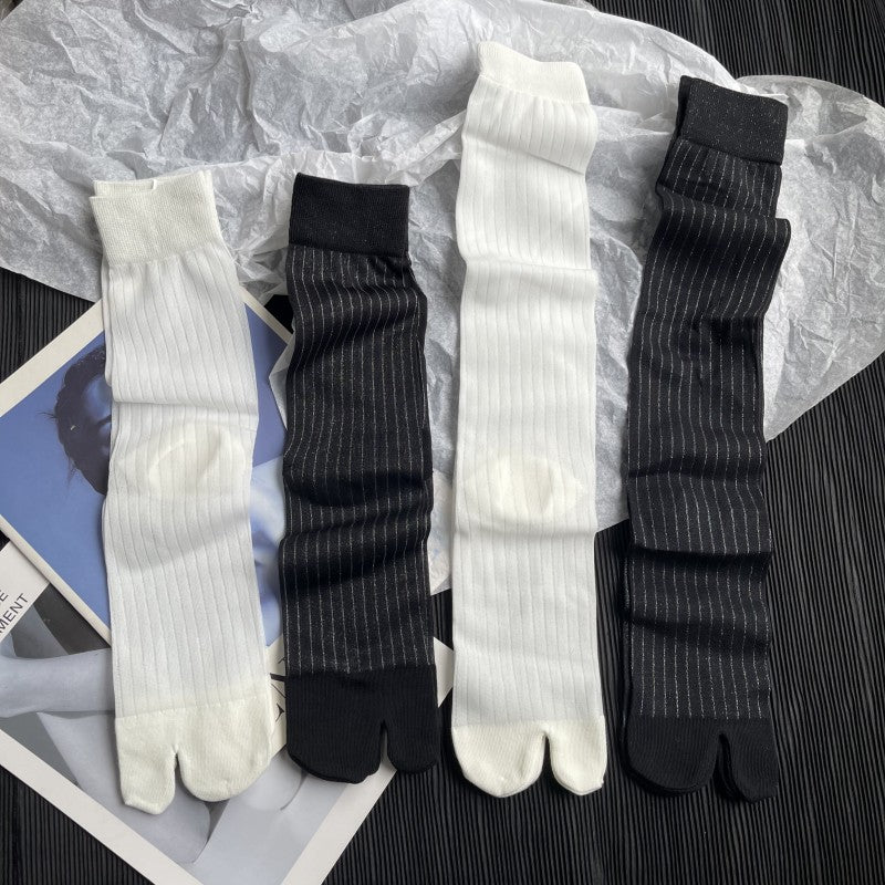 Ultra-thin Bright Silk Vertical Stripes Transparent Summer Split Toe Stockings Women's Socks