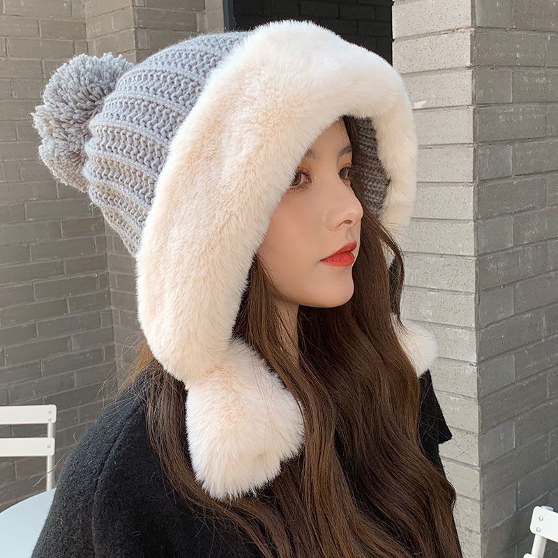 Rabbit Fur Knitted Hat Large Head Fleece Warm