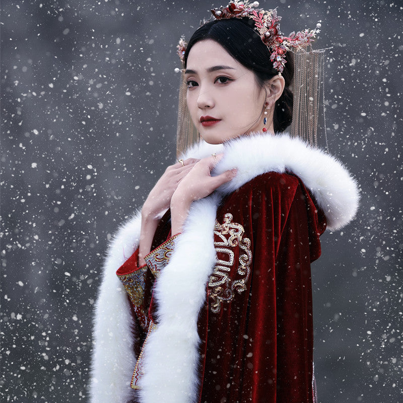 National Style Retro Thickened Wool Collar Long Hooded Cloak