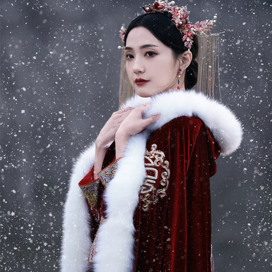 National Style Retro Thickened Wool Collar Long Hooded Cloak