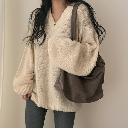 Women's V-neck Solid Color Pullover Long Sleeve Sweater