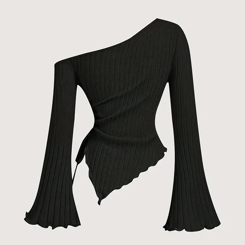 Design Sense Off-neck Long Sleeve Slim-fitting Simple Rope T-shirt