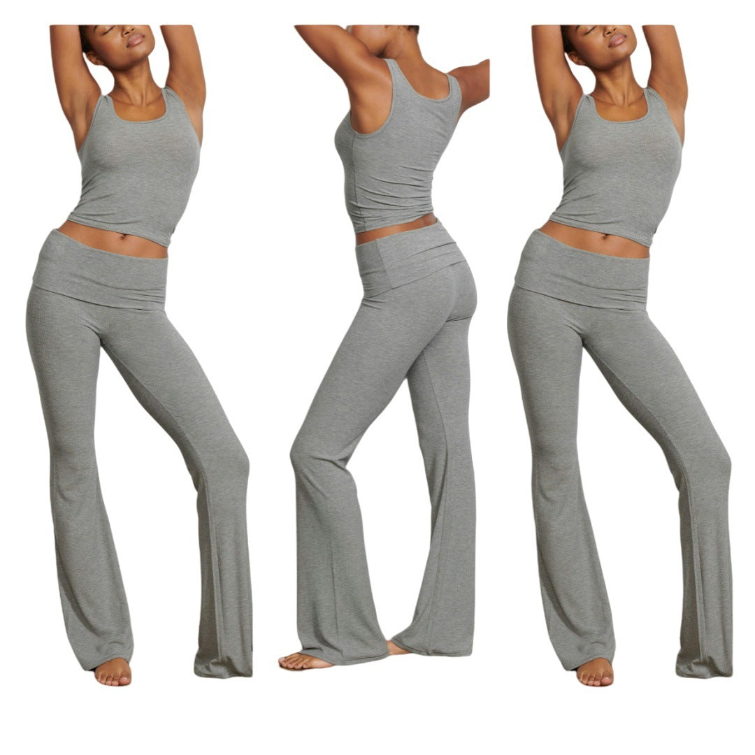 Stylish Ribbed Tank Top With A Fold-over Two-piece Set