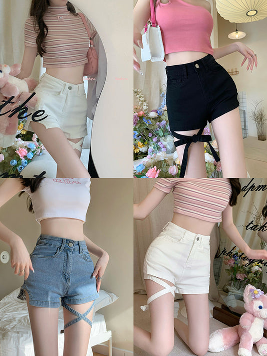 Lace Up Straight Denim Shorts Women's Thin