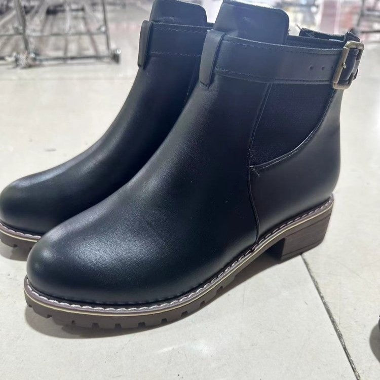 Belt Buckle Decoration Round Head Ankle Boots