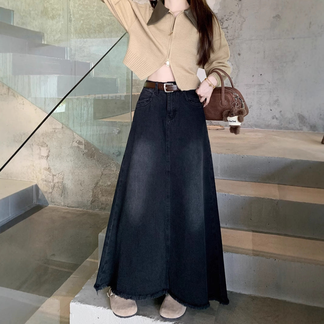 Spring And Autumn Korean Style High Waist Denim Midi Skirt Women's Retro Washed Frayed Edges
