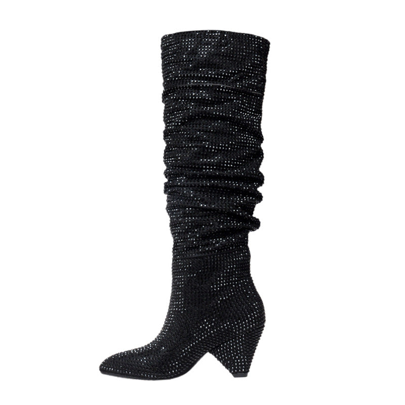 Rhinestone High-heeled Pointy Nightclub Show Knee-length Boots