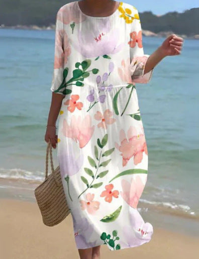 Womens Long Casual Printed Dress With A Crew Neck