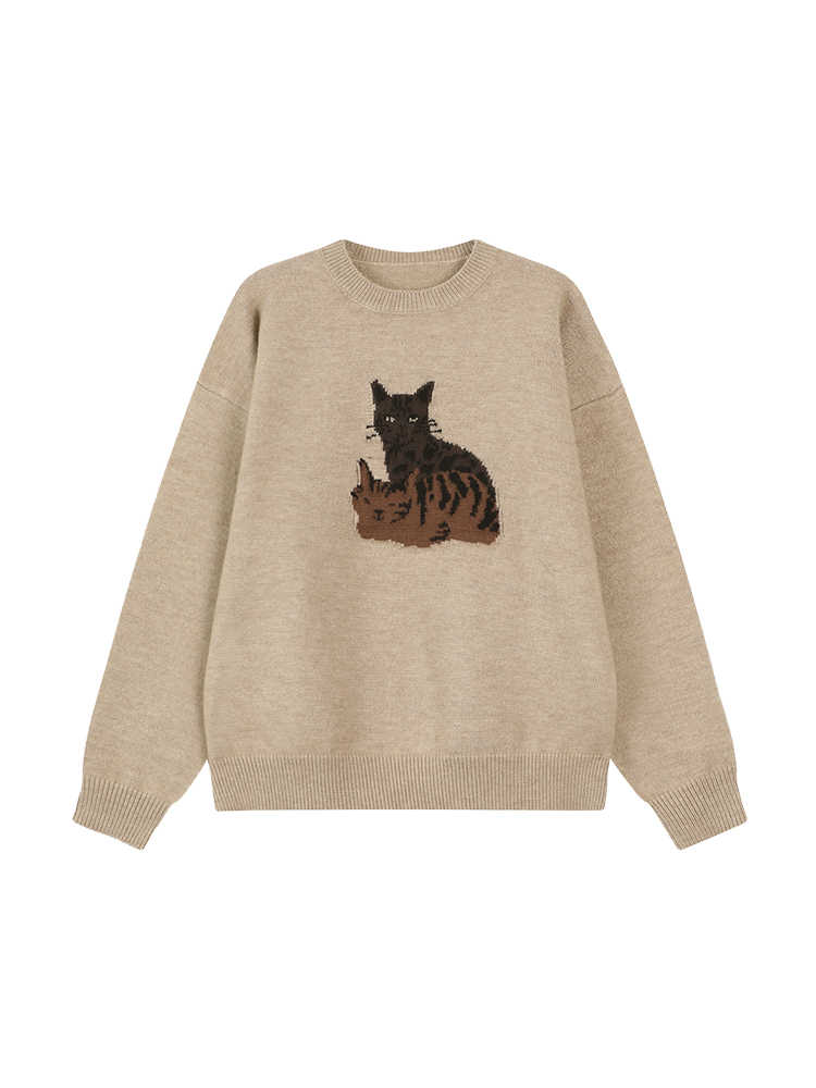 Cartoon Printed Round Neck Loose Long Sleeves Knitted Sweater