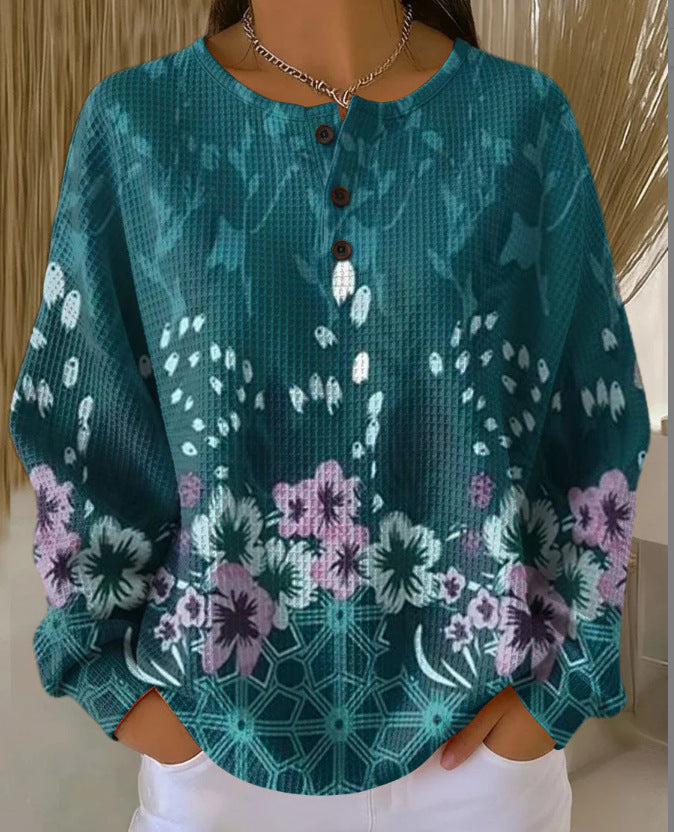 Hættetrøje til kvinder med plaidgræskar, blomster- og sommerfugleprint med knapper