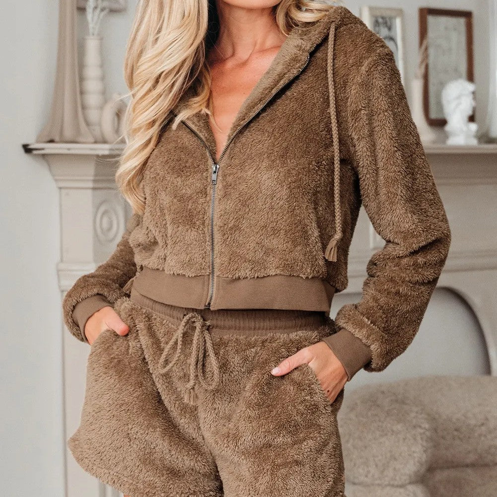 Parchment Zip Up Hoodie Drawstring Shorts Sherpa 2pcs Outfit