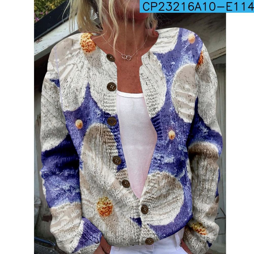 Ny strikket cardigan med 3D-print i løs pasform til damer – efterårs- og vinterstil