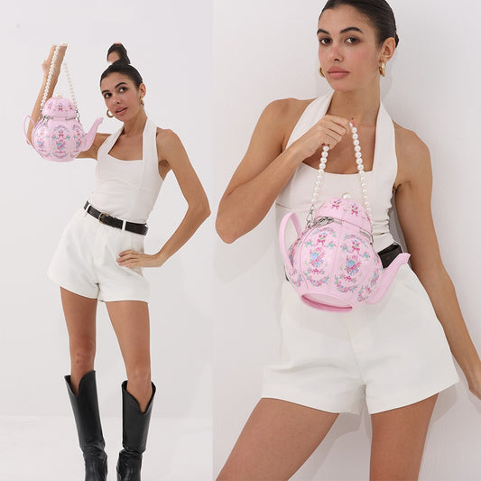 Sweet Girl Vintage Pearl Chain Printing Teapot Handbag
