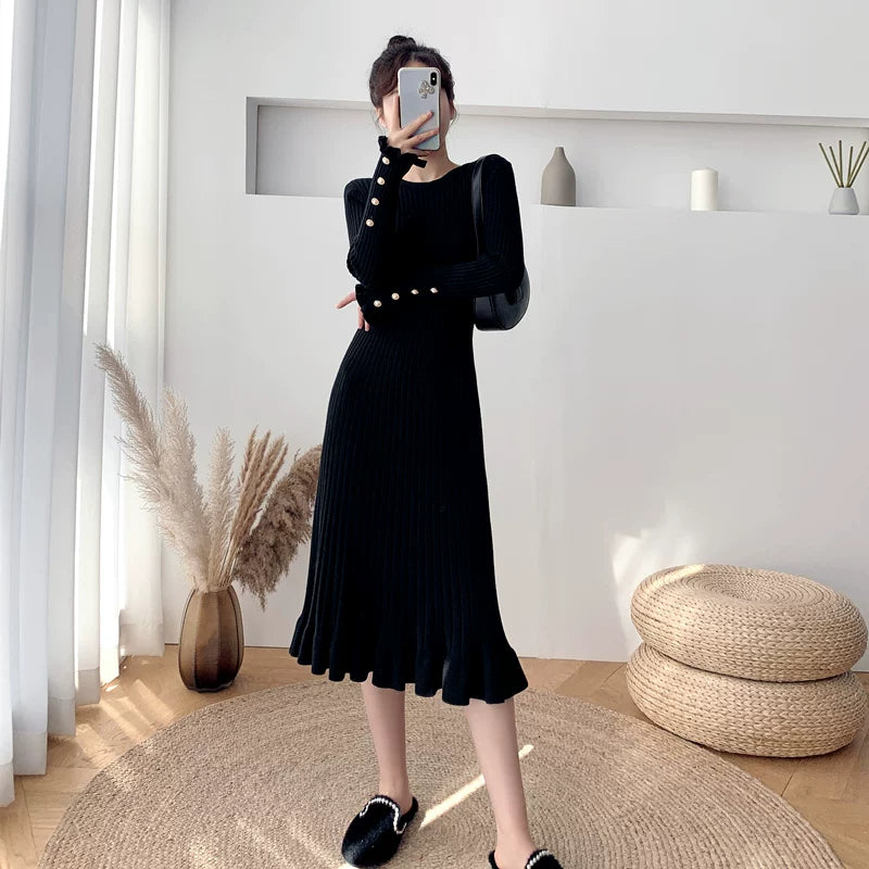 Thickened Mid-Length Crew-Neck Loose-Fit Warm Knitted Womens Dress