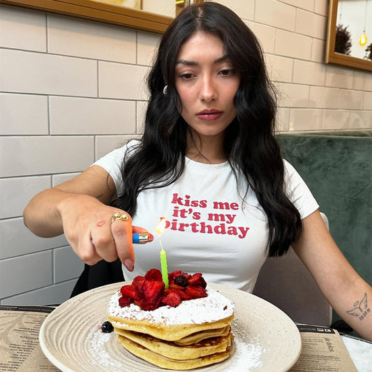Kiss Me It's My Birthday Letter Print Short-sleeve Slim Fit Short