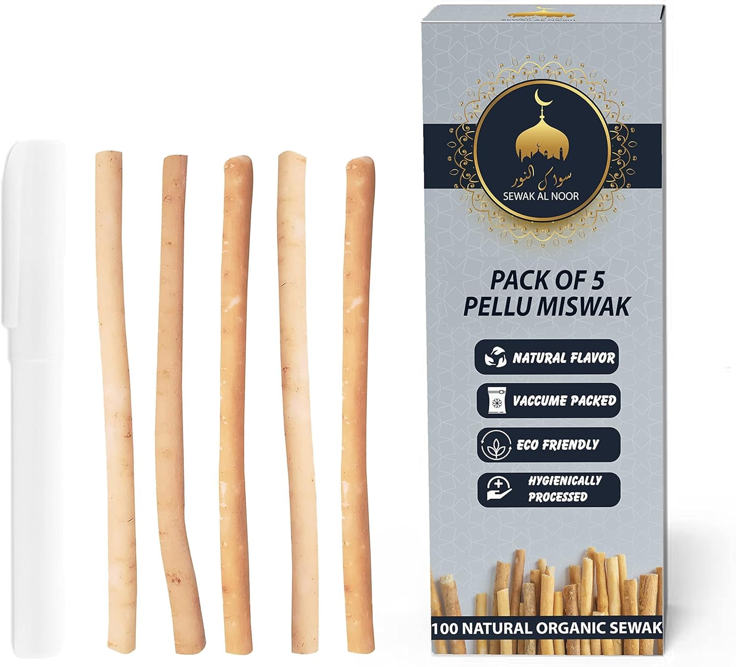 Pack of 10 Miswak Sticks for Teeth with Holder - Vacuum Sealed Natural Flavored Chew Sticks for Humans - Natural Toothbrush for Teeth Whitening, Oral Health & Fresh Breath || Pack of 10