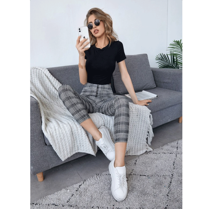 New European And American Plaid Leggings Casual Pants