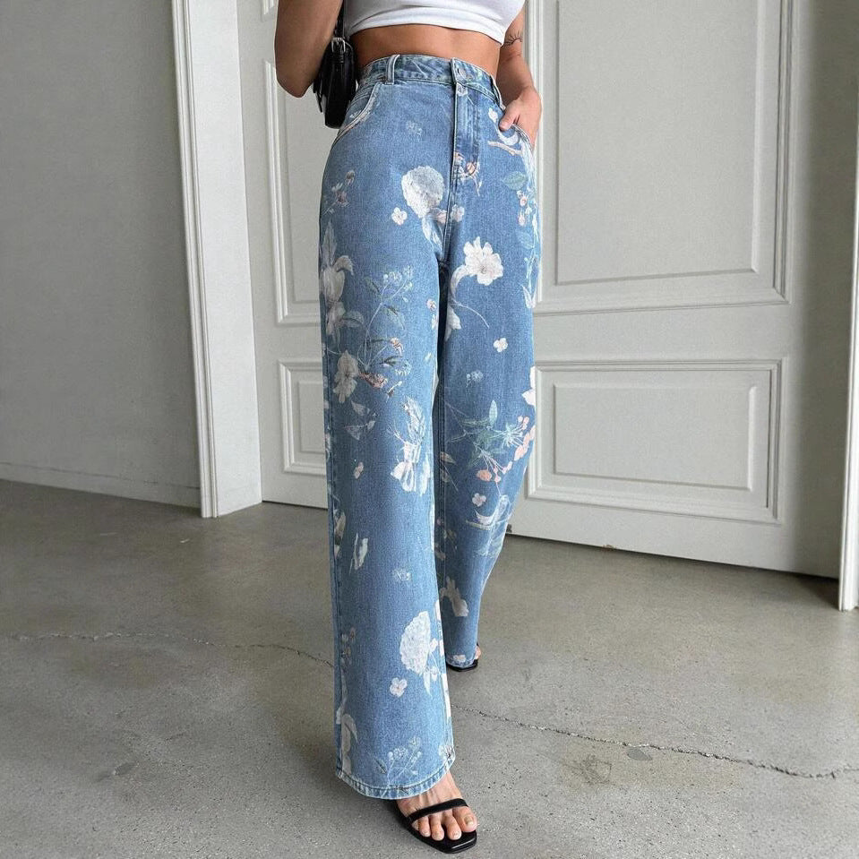Women's American-style Vintage Blue Floral Print Jeans