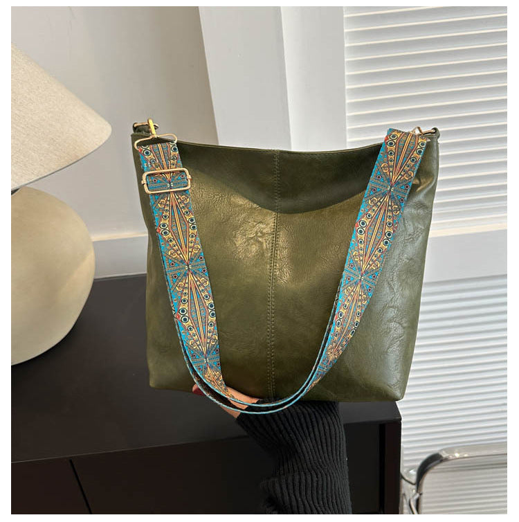 Skuldertaske til damer med bred skulderrem i etnisk stil, Ins stor kapacitet, spandformet skuldertaske, modetaske