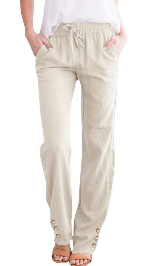 Solid Color Cotton And Linen Loose Drawstring Button Casual Wide-leg Trousers