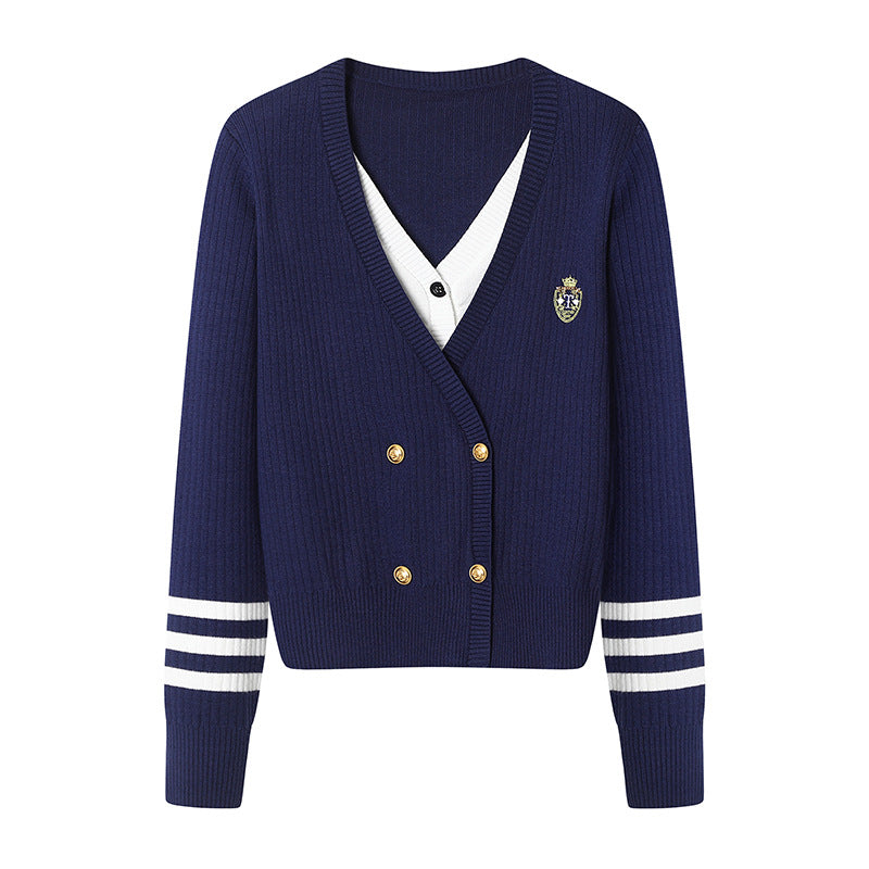 New Preppy Style Age Reduction Fake Two-piece Knitted Women's Sweater