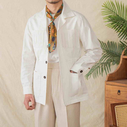 Casual Light Thin Cotton Drawstring Jacket Cuban Collar Plaid Coat