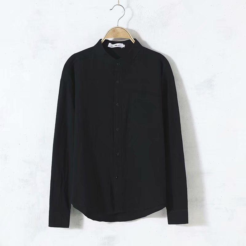 Solid Color Men's Long Sleeve Round Neck Casual Loose Linen Shirt
