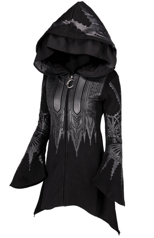 Halloween Cosplay Hættetrøje Dame Punk Sort Lang Hættetrøje med Print Sweater
