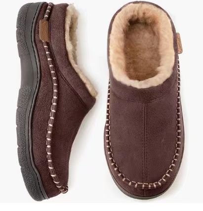 Mens Home Slippers With Non-Slip Warm Fleece-Lined Suede Upper