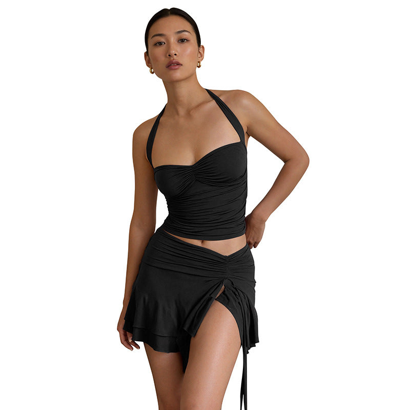 Casual Sleeveless Halterneck Top With Tie Straps And Flutter-Sleeve Short Skirt Set