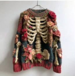 Creative Sweater Printed Patchwork Round Neck Raglan Long Sleeve