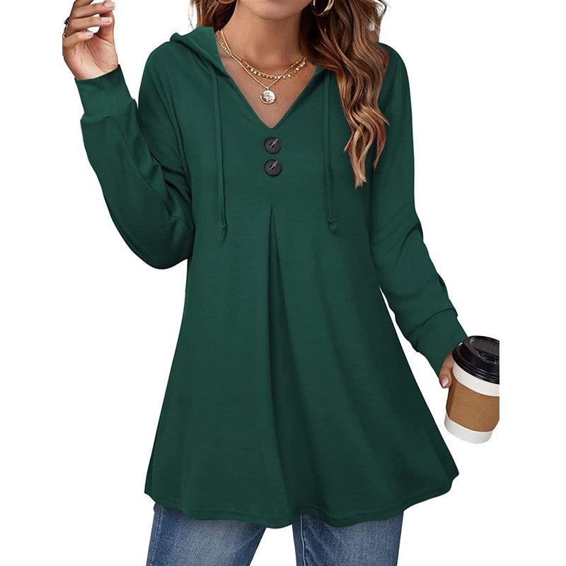 Casual Button V-neck Long Sleeve Hooded Top Sweaters Women's Clothing