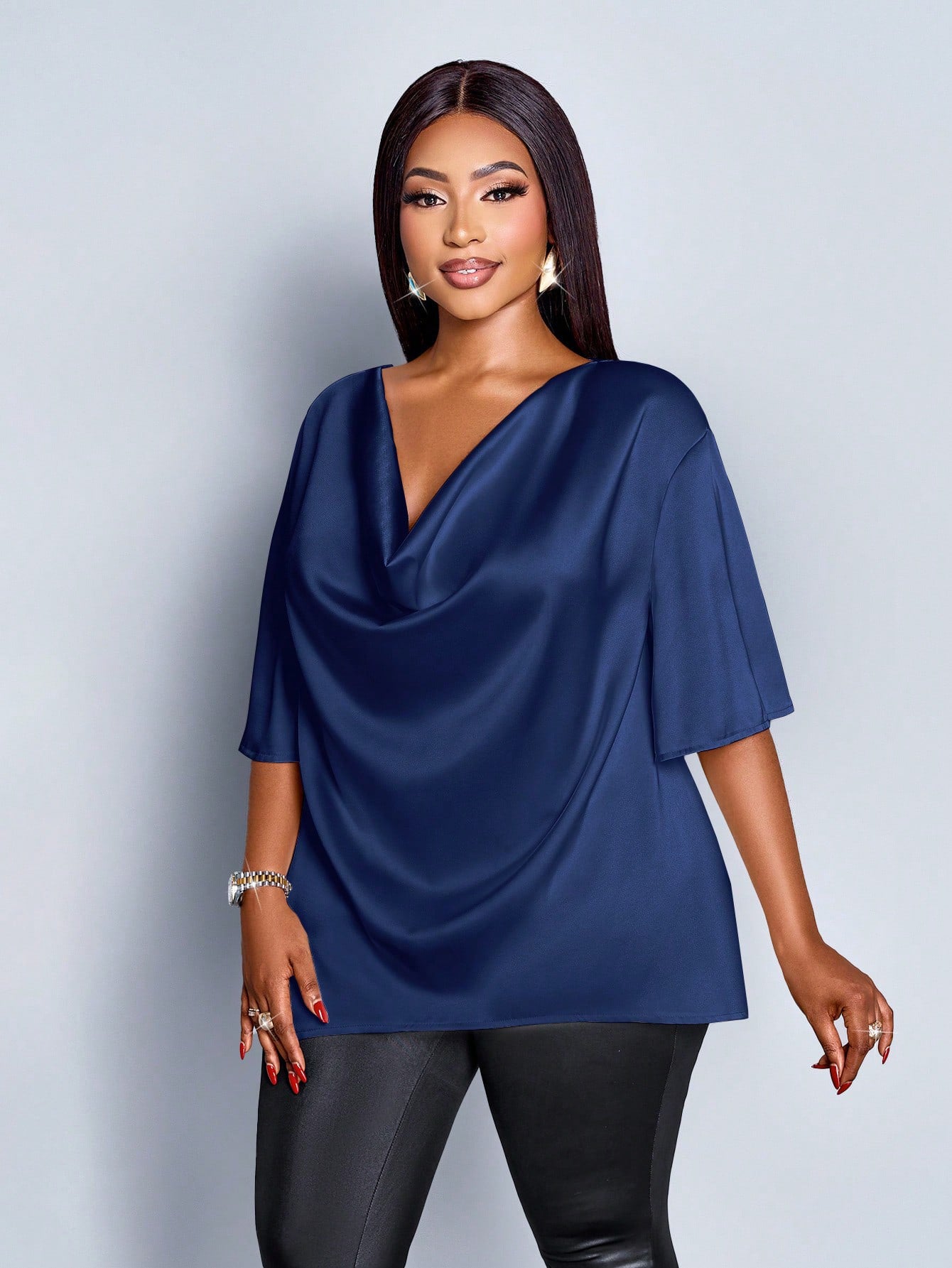New Relaxed-fit Casual V-neck Mid-sleeve Long-sleeve Solid-color Chiffon Top