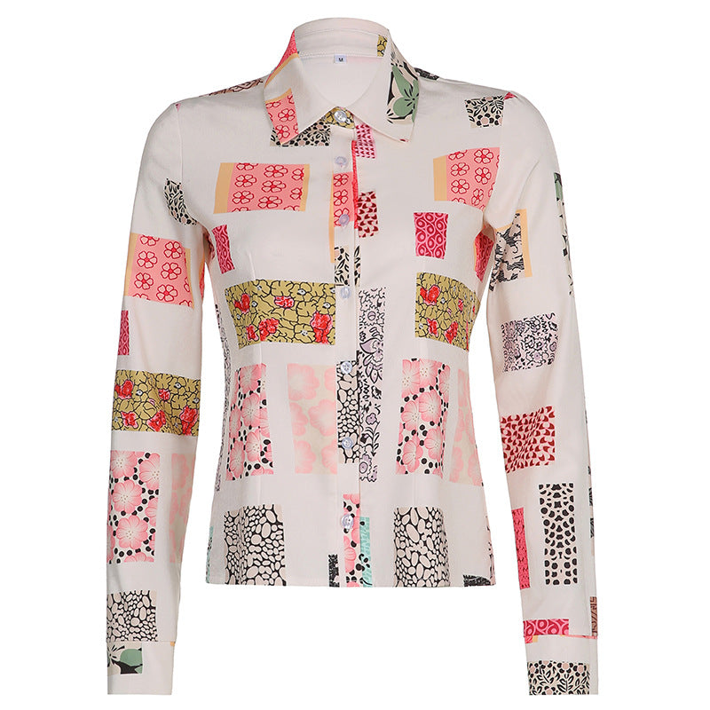 Women's Retro Contrasting Abstract Print Lapel Knitted Shirt