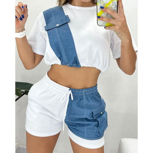 Summer New Women's Denim Stitching Suit