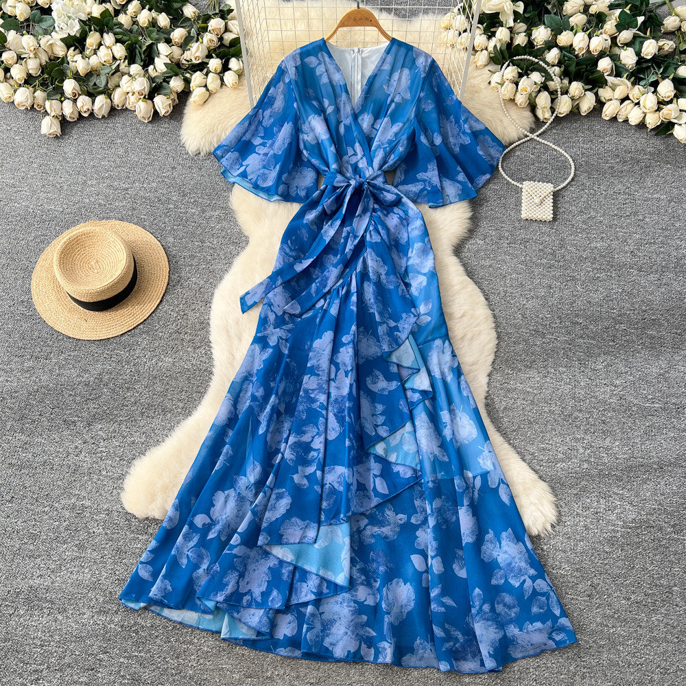 Strap-tied Waist V-Neck Irregular Print Chiffon Maxi Dress