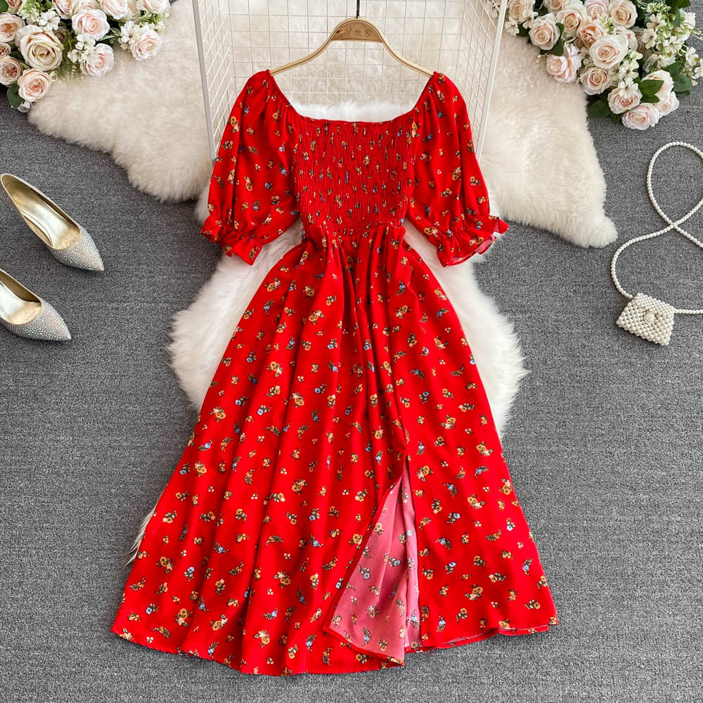 Bubble Short Sleeve Waist Wrapped Slim Split Dress