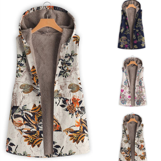 Women's Vintage Cotton And Linen Printed Casual Hooded Sleeveless Plush Coat Vest