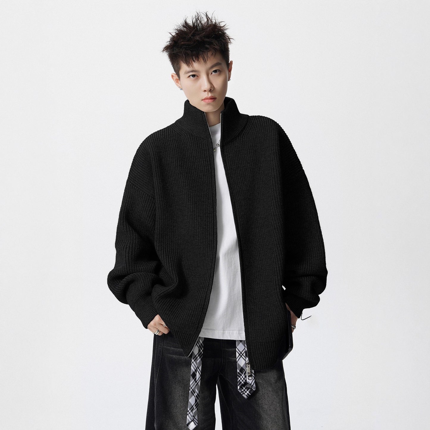 Heavyweight Stand Collar Double Zip-up Solid Color Sweater For Men