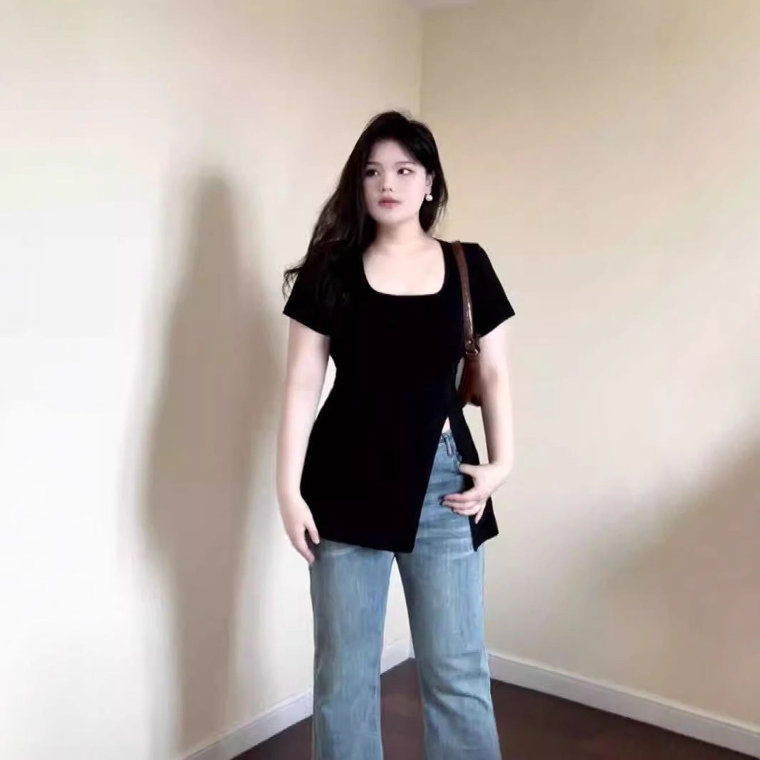 Black U-collar Shoulder Short Sleeve T-shirt Top