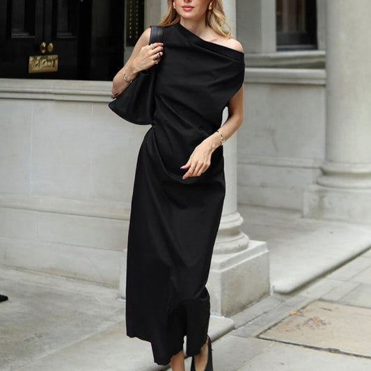 Black Slim-fit Irregular Elegant Shoulder-off Sleeveless Dress For Women