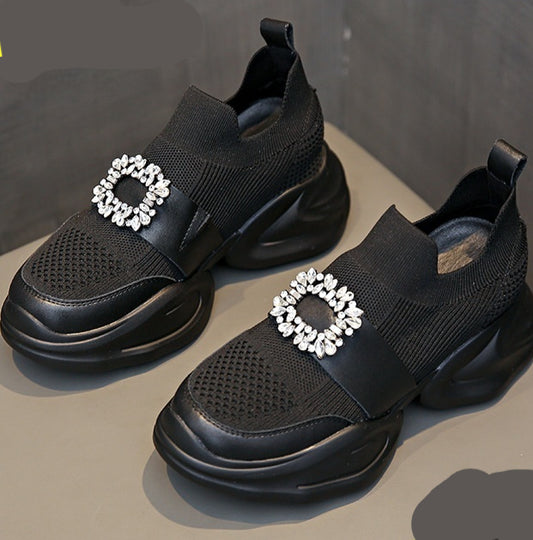 Rhinestone Square Buckle Breathable Mesh Casual Baotou Half Slippers