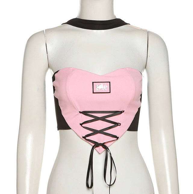 Fashion Color Contrast Lace-up Waist Backless Halter Vest