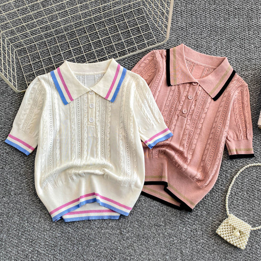 Preppy-style Sweet Striped POLO-neck Top