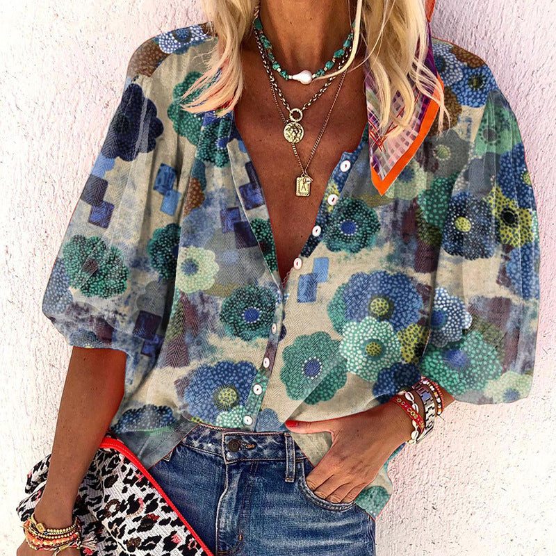 Women's V-neck Long Sleeve Stand Collar Printed Sweet Blouse