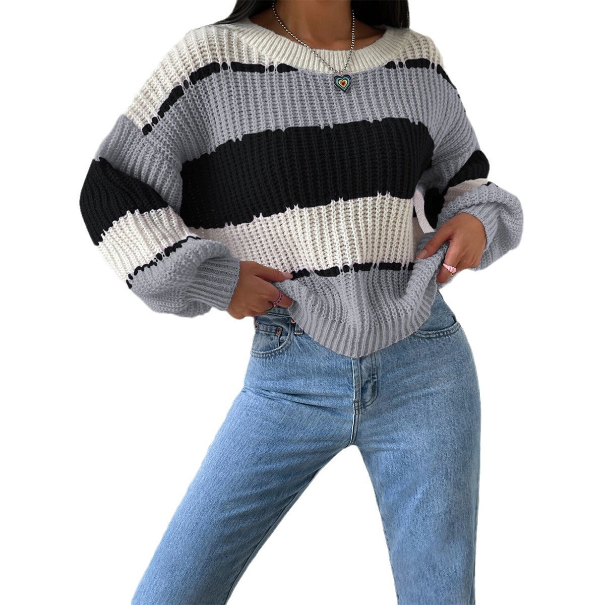 Efterår Og Vinter Langærmet Pullover Kontrastfarve Casual