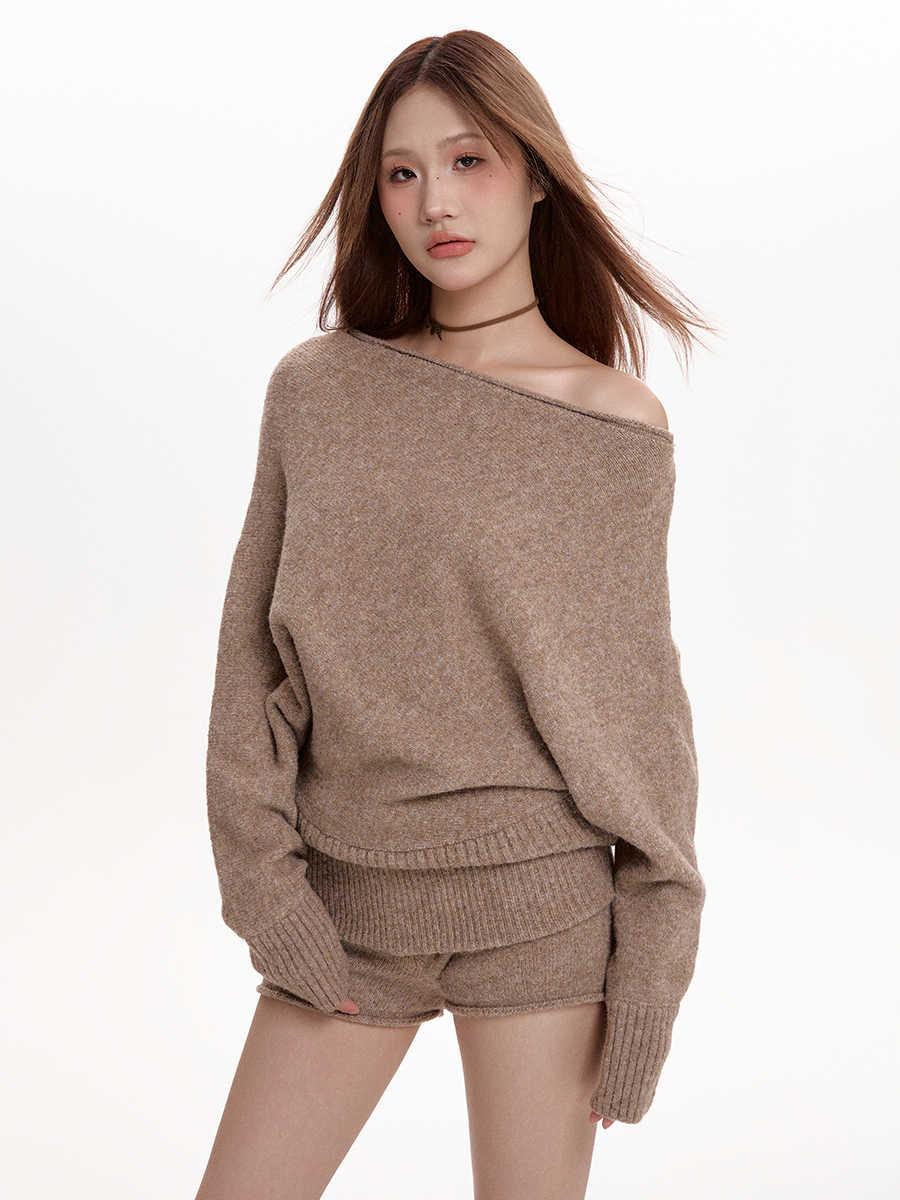 New Loose And Lazy Style Batwing Sleeve Top Off-neck Inner Sweater