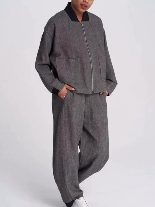 Dark Grey Textured Baseball Collar Zip Jacket & Wide-Leg Pants Set