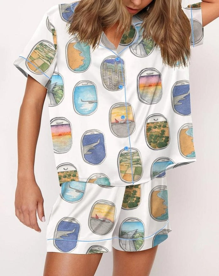 Fashionable Long-sleeve Printed Lapel Loungewear Pajamas
